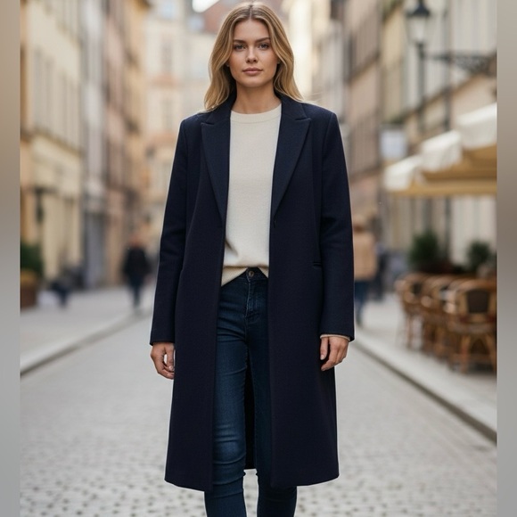 Zara Jackets & Blazers - NWOT Zara Lapel Collar Felt Texture Long Open Front Coat NAVY